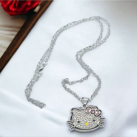 Hello Kitty Rhinestone 24" Necklace Pink Bow Cat Charm Pendant Silver Chain New - Picture 3 of 7